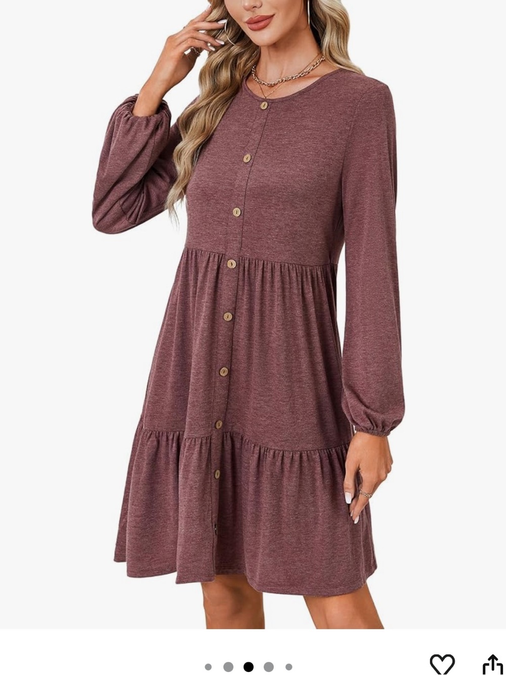 Women’s Button-Front Long Sleeve Tiered Dress - Mauve